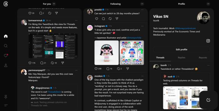 Threads testing pinned columns on the web like tweetdeck