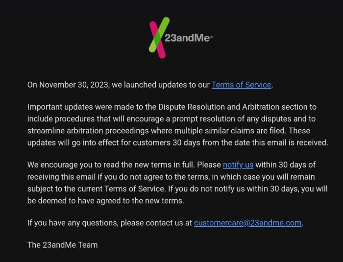 23andme changes to terms of service are cynical and self serving lawyers say