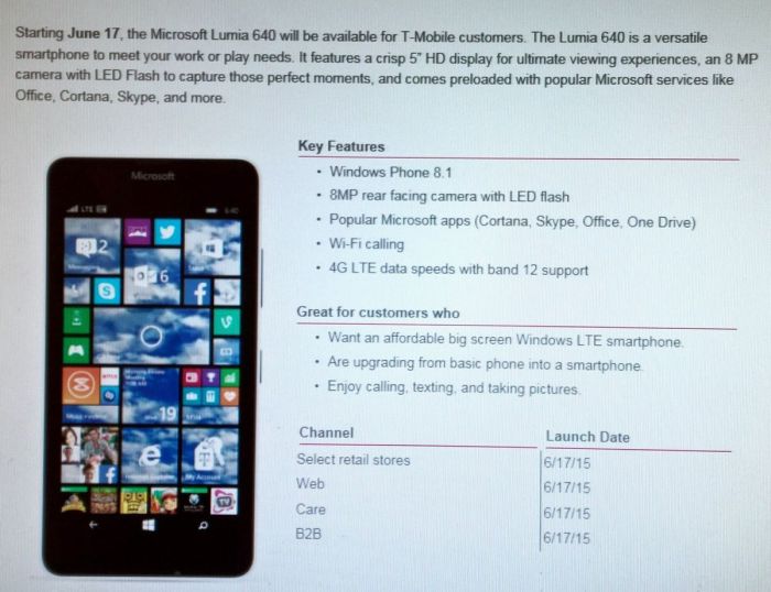 Lumia 640 listed on t mobiles website as coming soon