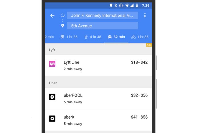 Lyft and gett now included in google maps ride service options