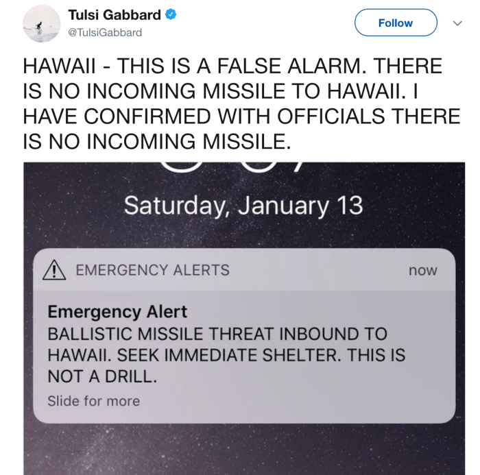 Hawaii incoming ballistic missile alert was false