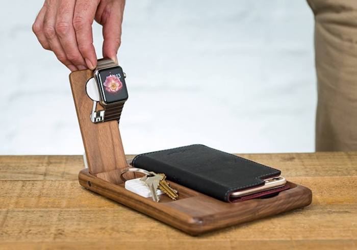 The timber catchall apple watch and iphone charging dock is beautiful