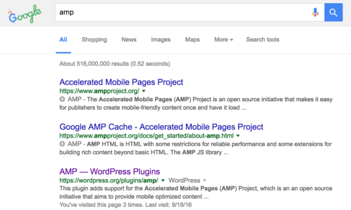 Google amp shown in search results