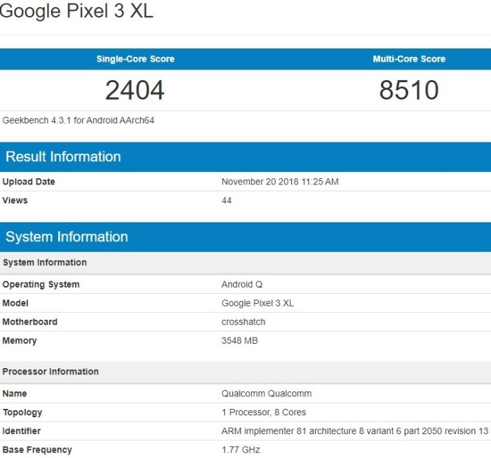 Pixel xl appears on geekbench