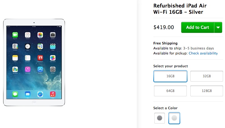 Refurbished ipad air available from the online apple store