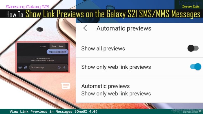 Galaxy s8 messages app displays link previews