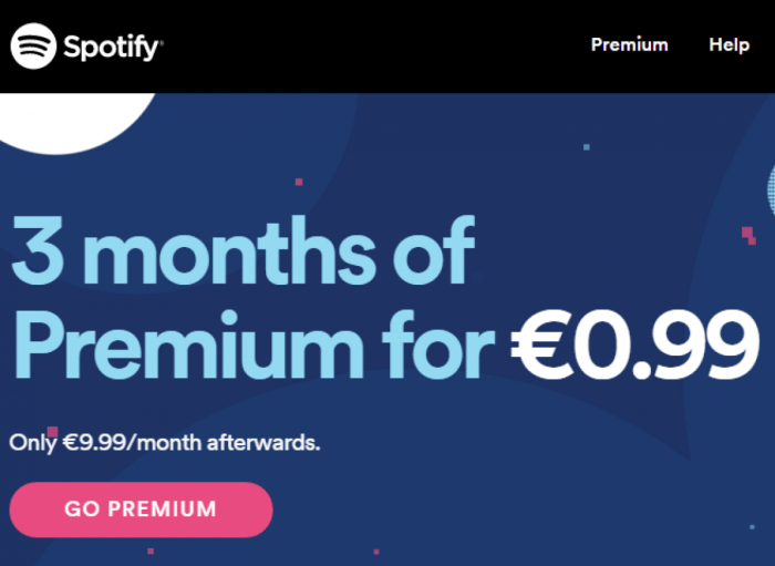 Spotify offers premium access to customers for 0 99 for 3 months